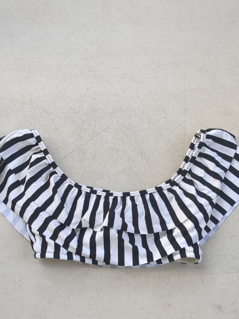 Amuse Society Black & White Striped Ruffle Off-Shoulder Bikini Top